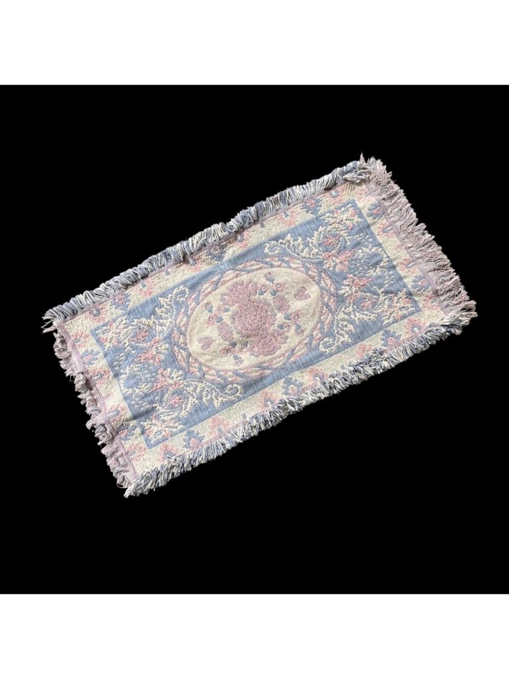 Vintage Floral Rug Cotton Fringe Pink Blue Cottagecore Granny Retro Chic
